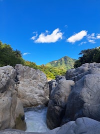 a river running through a rocky area with mountains in the background